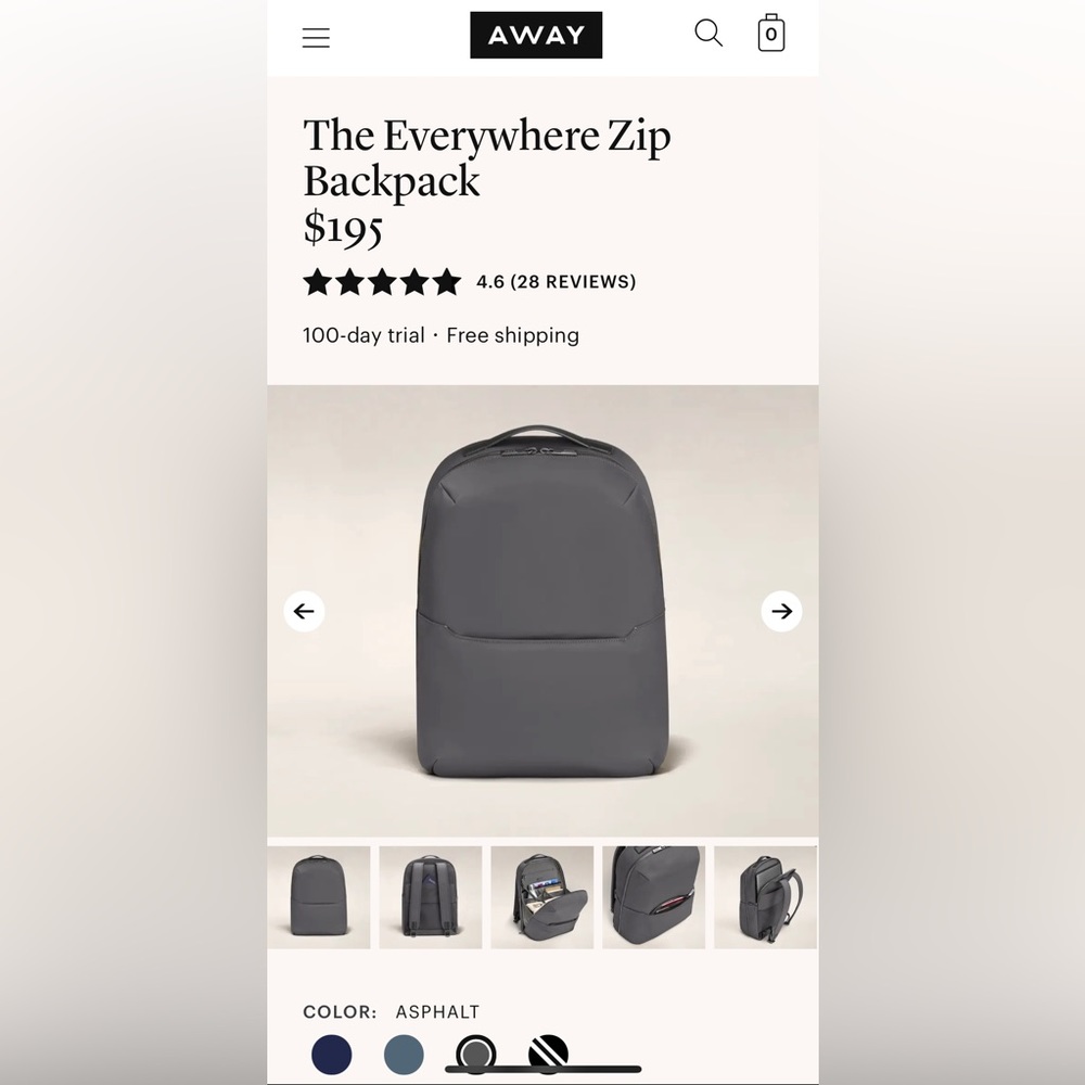 Away backpack - The Everywhere Zip NWT in box - never used